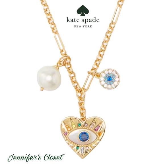 KATE SPADE ♠️ Mixed Stone Evil Eye Heart Multi-Charm Pendant Necklace - Picture 2 of 9